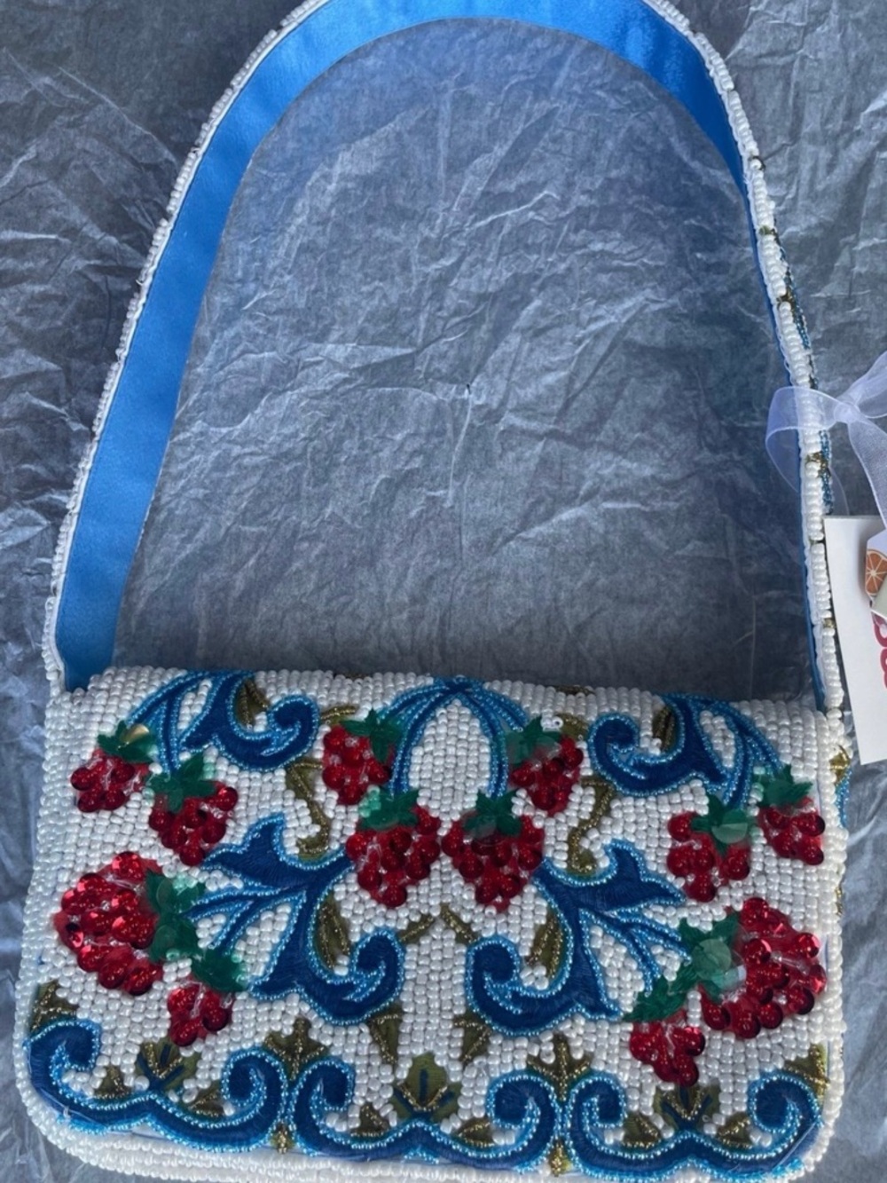 Beaded Floral Clutch with Blue Strap in White, Blue & Red
